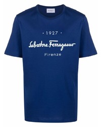 dunkelblaues und weißes bedrucktes T-Shirt mit einem Rundhalsausschnitt von Salvatore Ferragamo