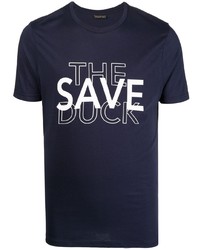 dunkelblaues und weißes bedrucktes T-Shirt mit einem Rundhalsausschnitt von Save The Duck