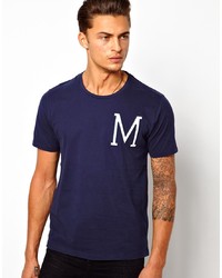 dunkelblaues und weißes bedrucktes T-Shirt mit einem Rundhalsausschnitt von Selected