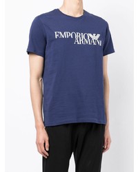 dunkelblaues und weißes bedrucktes T-Shirt mit einem Rundhalsausschnitt von Emporio Armani