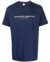 dunkelblaues und weißes bedrucktes T-Shirt mit einem Rundhalsausschnitt von Sporty & Rich