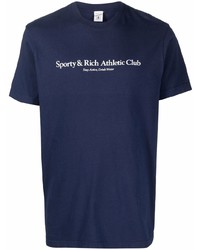 dunkelblaues und weißes bedrucktes T-Shirt mit einem Rundhalsausschnitt von Sporty & Rich