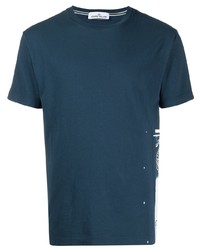 dunkelblaues und weißes bedrucktes T-Shirt mit einem Rundhalsausschnitt von Stone Island