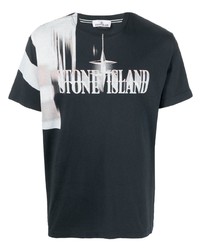 dunkelblaues und weißes bedrucktes T-Shirt mit einem Rundhalsausschnitt von Stone Island