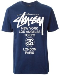 dunkelblaues und weißes bedrucktes T-Shirt mit einem Rundhalsausschnitt von Stussy