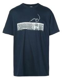 dunkelblaues und weißes bedrucktes T-Shirt mit einem Rundhalsausschnitt von Supreme
