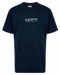 dunkelblaues und weißes bedrucktes T-Shirt mit einem Rundhalsausschnitt von Supreme