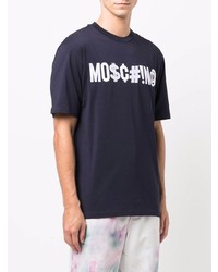 dunkelblaues und weißes bedrucktes T-Shirt mit einem Rundhalsausschnitt von Moschino