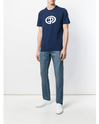 dunkelblaues und weißes bedrucktes T-Shirt mit einem Rundhalsausschnitt von Pop Trading International