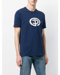 dunkelblaues und weißes bedrucktes T-Shirt mit einem Rundhalsausschnitt von Pop Trading International
