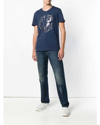 dunkelblaues und weißes bedrucktes T-Shirt mit einem Rundhalsausschnitt von Versace Jeans
