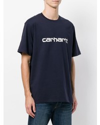 dunkelblaues und weißes bedrucktes T-Shirt mit einem Rundhalsausschnitt von Carhartt