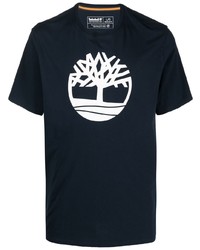 dunkelblaues und weißes bedrucktes T-Shirt mit einem Rundhalsausschnitt von Timberland