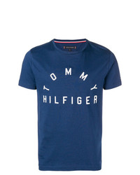 dunkelblaues und weißes bedrucktes T-Shirt mit einem Rundhalsausschnitt von Tommy Hilfiger