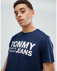 dunkelblaues und weißes bedrucktes T-Shirt mit einem Rundhalsausschnitt von Tommy Jeans