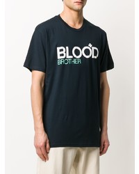 dunkelblaues und weißes bedrucktes T-Shirt mit einem Rundhalsausschnitt von Blood Brother