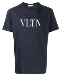 dunkelblaues und weißes bedrucktes T-Shirt mit einem Rundhalsausschnitt von Valentino
