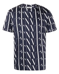 dunkelblaues und weißes bedrucktes T-Shirt mit einem Rundhalsausschnitt von Valentino