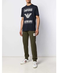 dunkelblaues und weißes bedrucktes T-Shirt mit einem Rundhalsausschnitt von Emporio Armani