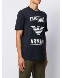 dunkelblaues und weißes bedrucktes T-Shirt mit einem Rundhalsausschnitt von Emporio Armani