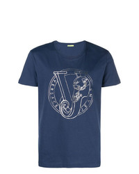 dunkelblaues und weißes bedrucktes T-Shirt mit einem Rundhalsausschnitt von Versace Jeans