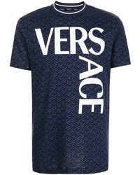 dunkelblaues und weißes bedrucktes T-Shirt mit einem Rundhalsausschnitt von Versace