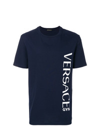 dunkelblaues und weißes bedrucktes T-Shirt mit einem Rundhalsausschnitt von Versace