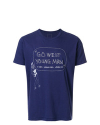 dunkelblaues und weißes bedrucktes T-Shirt mit einem Rundhalsausschnitt von VISVIM