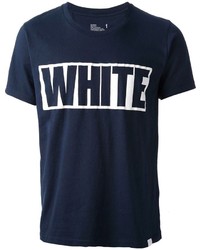 dunkelblaues und weißes bedrucktes T-Shirt mit einem Rundhalsausschnitt von White Mountaineering