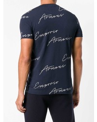 dunkelblaues und weißes bedrucktes T-Shirt mit einem Rundhalsausschnitt von Emporio Armani