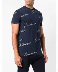 dunkelblaues und weißes bedrucktes T-Shirt mit einem Rundhalsausschnitt von Emporio Armani