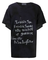 dunkelblaues und weißes bedrucktes T-Shirt mit einem Rundhalsausschnitt von Yohji Yamamoto