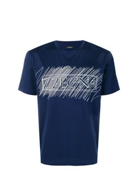 dunkelblaues und weißes bedrucktes T-Shirt mit einem Rundhalsausschnitt von Z Zegna