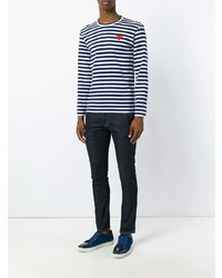 dunkelblaues und weißes horizontal gestreiftes Langarmshirt von Comme Des Garcons Play