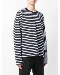 dunkelblaues und weißes horizontal gestreiftes Langarmshirt von Sacai