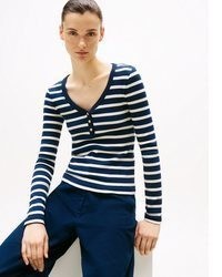 dunkelblaues und weißes horizontal gestreiftes Langarmshirt von Tommy Hilfiger