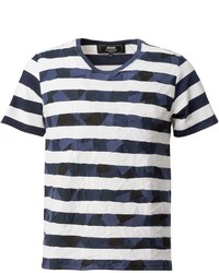 dunkelblaues und weißes horizontal gestreiftes T-Shirt mit einem Rundhalsausschnitt von Anrealage