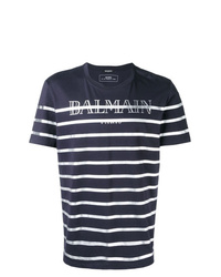 dunkelblaues und weißes horizontal gestreiftes T-Shirt mit einem Rundhalsausschnitt von Balmain