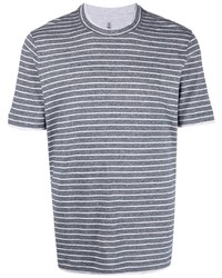 dunkelblaues und weißes horizontal gestreiftes T-Shirt mit einem Rundhalsausschnitt von Brunello Cucinelli