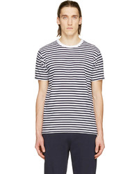 dunkelblaues und weißes horizontal gestreiftes T-Shirt mit einem Rundhalsausschnitt von Coolmax