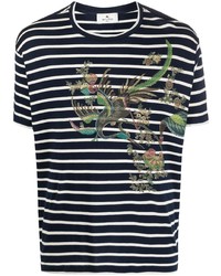 dunkelblaues und weißes horizontal gestreiftes T-Shirt mit einem Rundhalsausschnitt von Etro