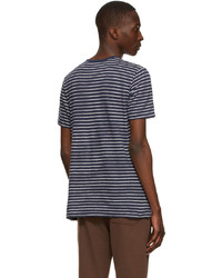 dunkelblaues und weißes horizontal gestreiftes T-Shirt mit einem Rundhalsausschnitt von Sunspel