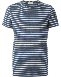 dunkelblaues und weißes horizontal gestreiftes T-Shirt mit einem Rundhalsausschnitt von Oliver Spencer