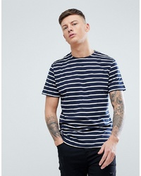 dunkelblaues und weißes horizontal gestreiftes T-Shirt mit einem Rundhalsausschnitt von Pull&Bear