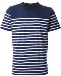 dunkelblaues und weißes horizontal gestreiftes T-Shirt mit einem Rundhalsausschnitt von Sacai