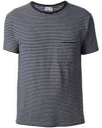 dunkelblaues und weißes horizontal gestreiftes T-Shirt mit einem Rundhalsausschnitt von Saint Laurent