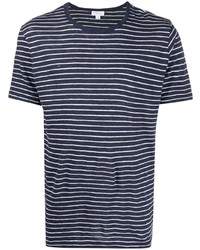 dunkelblaues und weißes horizontal gestreiftes T-Shirt mit einem Rundhalsausschnitt von Sunspel