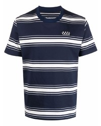dunkelblaues und weißes horizontal gestreiftes T-Shirt mit einem Rundhalsausschnitt von White Mountaineering