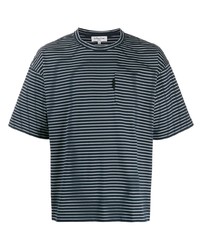 dunkelblaues und weißes horizontal gestreiftes T-Shirt mit einem Rundhalsausschnitt von YMC