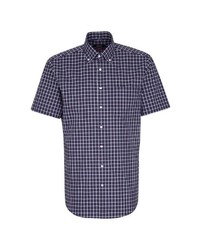 dunkelblaues und weißes Kurzarmhemd mit Vichy-Muster von Seidensticker